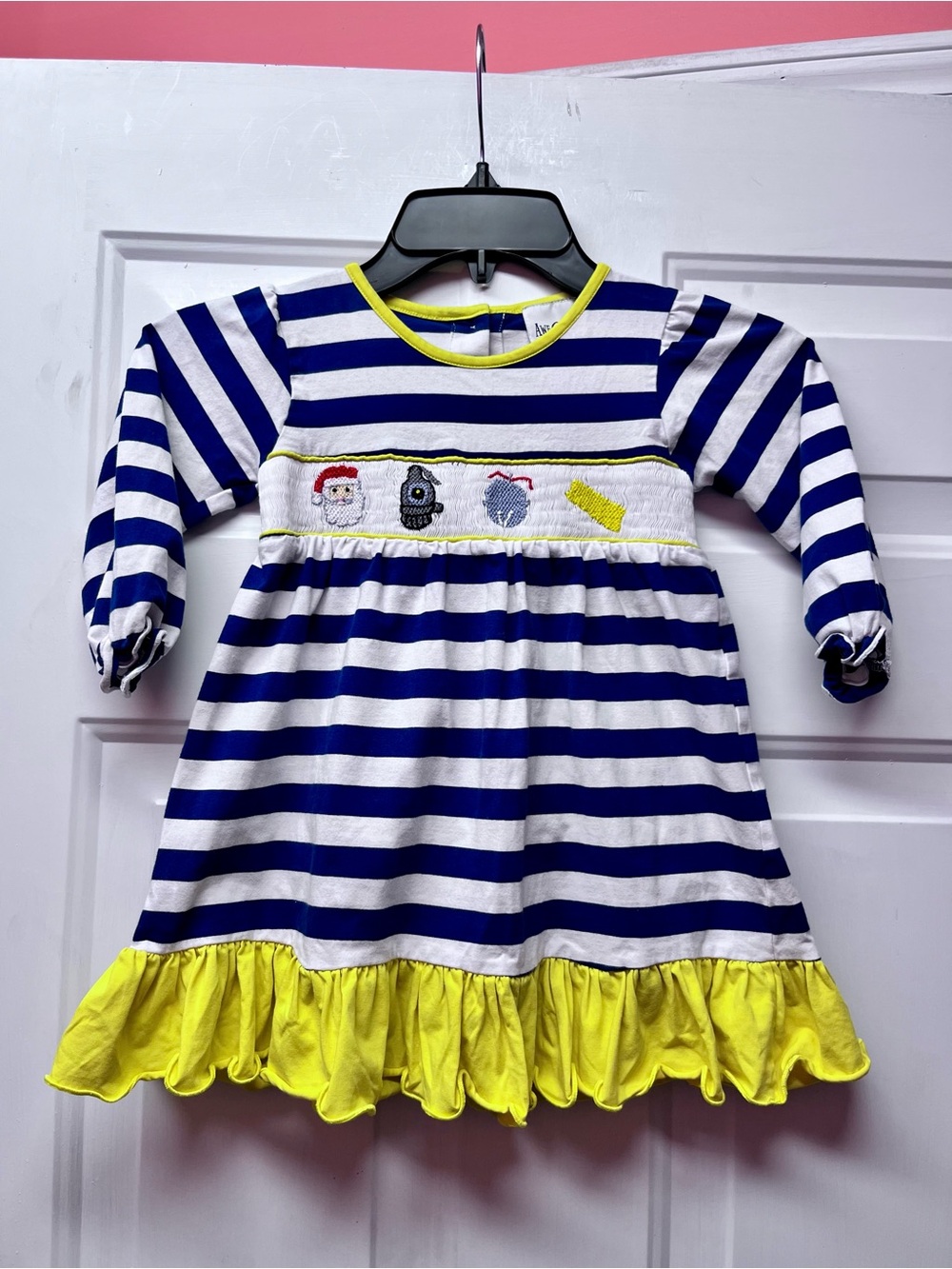 Girls Navy & White Striped Dress with Yellow Trim